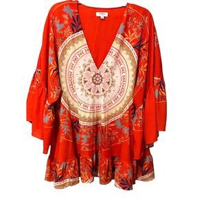 UMGEE USA 3/4 BELL DOLMAN SLEEVE BLOUSE, WOMENS, M, ORANGE & MULTICOLOR FLORAL
